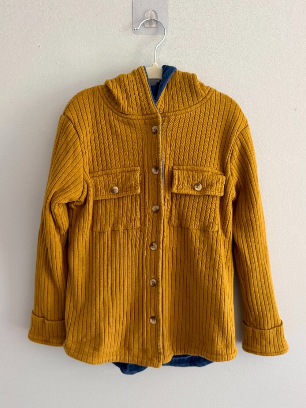 Kate Quinn Organic Cotton Hooded Rib Knit Shacket Jacket Mustard Blue 7Y